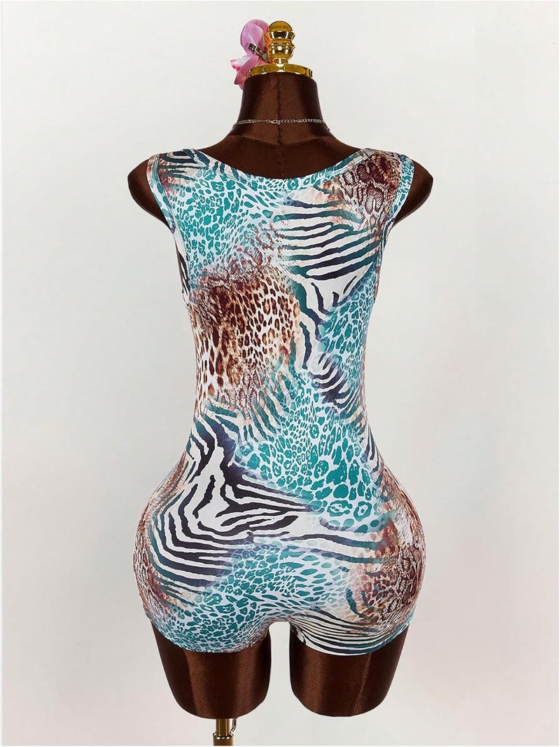 WDIRARA Women's Leopard Sleeveless Bodycon Romper Lace Trim Shorts Jumpsuits Unitards - Image 2
